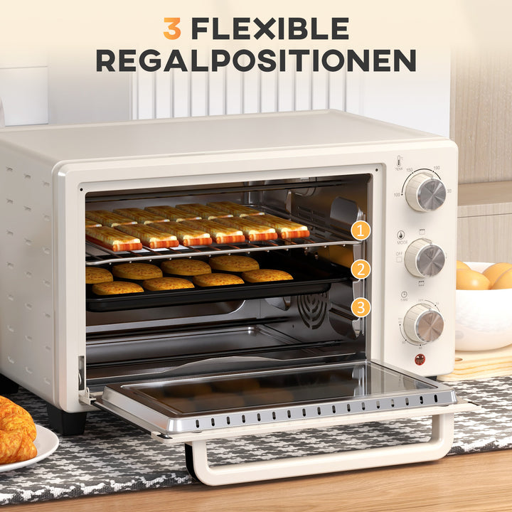 Miniovn, lille 21 l brødristerovn med 1 rist og 1 bageplade, 3 tilberedningstilstande, 100°c-230°c, rustfrit stål, glas, cremehvid