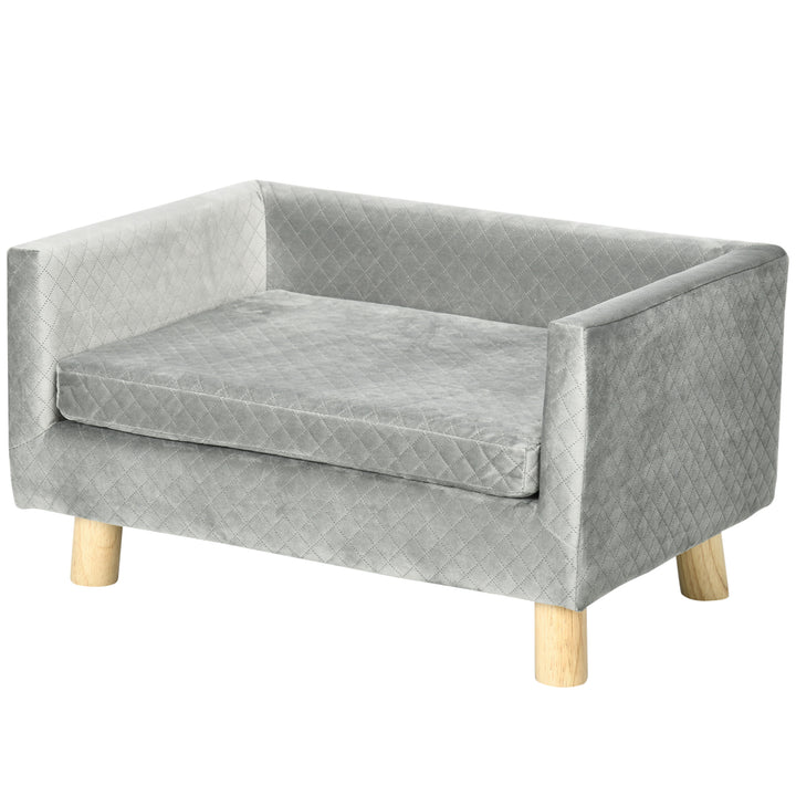 Hundesofa med træben, hundeseng, kæledyrssofa, hundemåtte til små hunde op til 8 kg, fløjlsagtig, grå, 64 x 45 x 36 cm