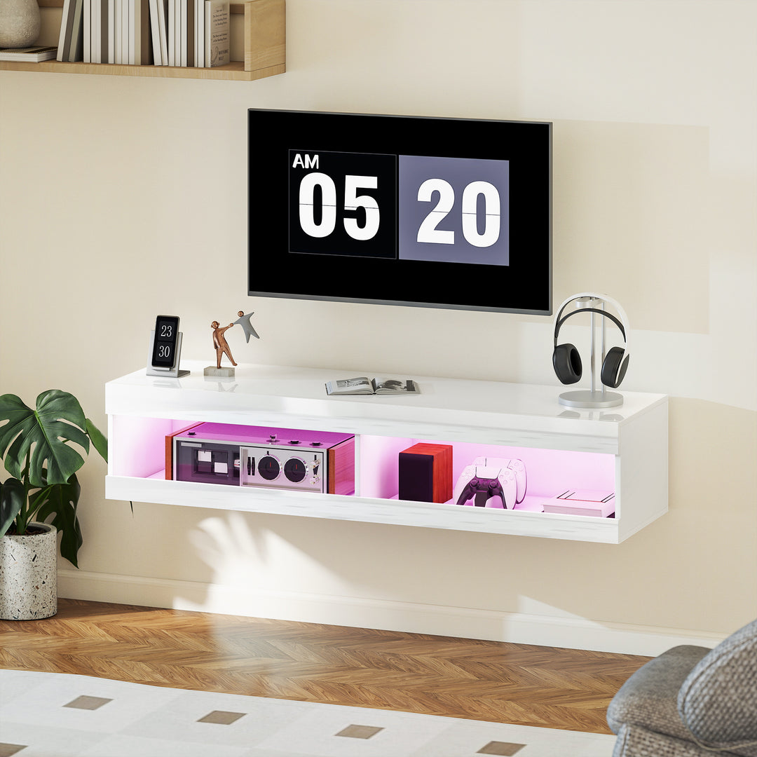 TV-skab, vægmonteret TV-lavbord med RGB LED-belysning i 16 farver, TV-bord med åben opbevaringsplads, til 55-60 tommer TV, til stue, soveværelse, 140 x 40 x 30 cm, hvid højglans