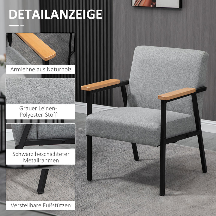 Accentstol i skandinavisk design, lænestol, accentstol, linnedlook, gummitræ, grå + sort + brun