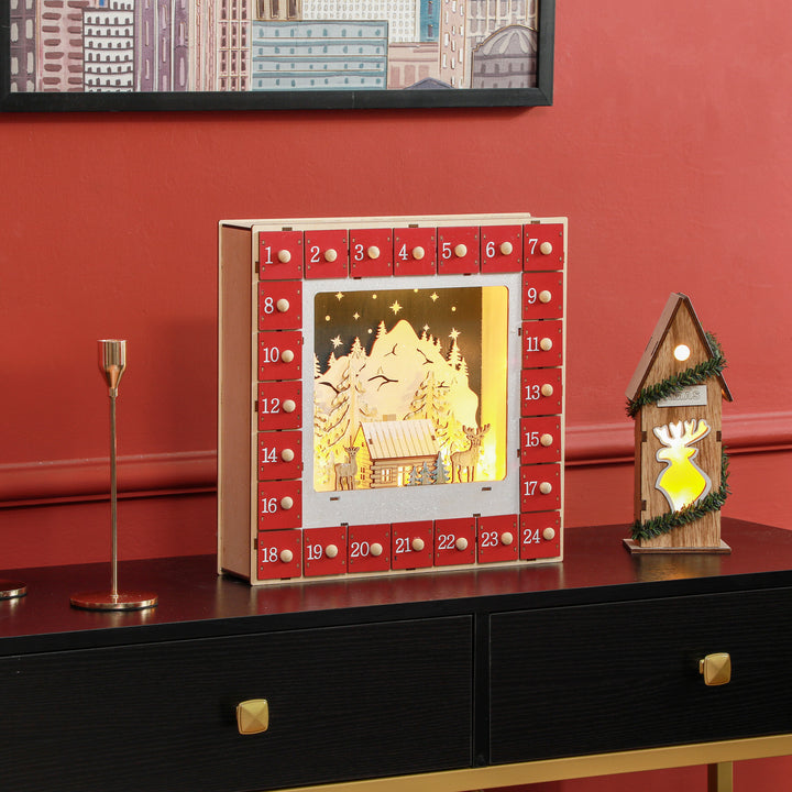 Led-julekalender med landsbyscene, 24 store skuffer, mdf, 34 x 7 x 34 cm, rød