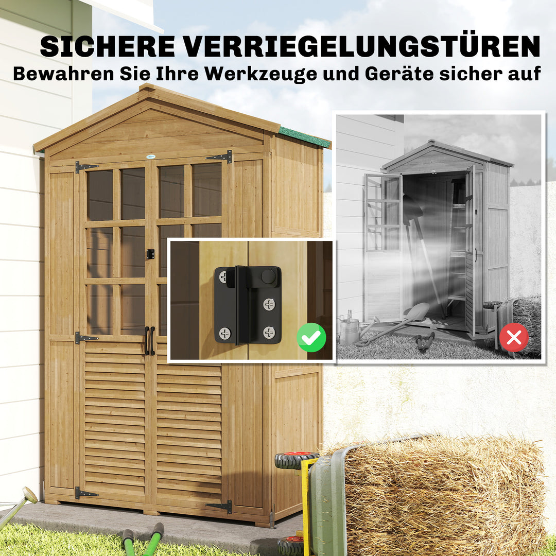 Haveskab i træ med hylde, aflåselig dør, bundplade, asfalttag, ventilationspanel, 128x57,5x197cm