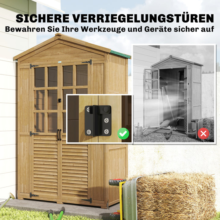 Haveskab i træ med hylde, aflåselig dør, bundplade, asfalttag, ventilationspanel, 128x57,5x197cm