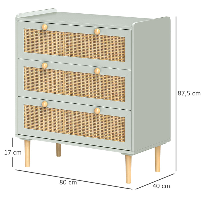 Kommode med 3 skuffer til soveværelset, rattanfronter, garderobekommode til entré, mdf, grøn