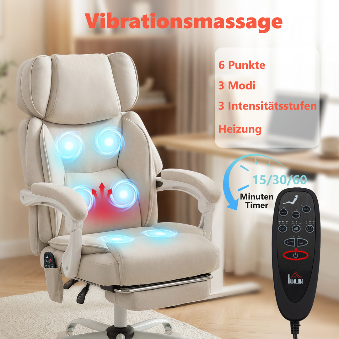 Kontorstol med høj ryg, vibrationsmassage og varme, ergonomisk, vipbar, med fodstøtte, cremehvid