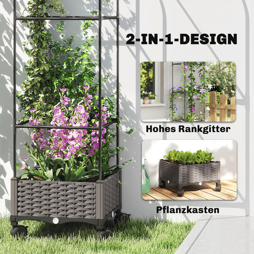 Højbed med espalier, mobil blomsterkasse med hjul, drænhul, plantekasse 40 x 40 x 185 cm
