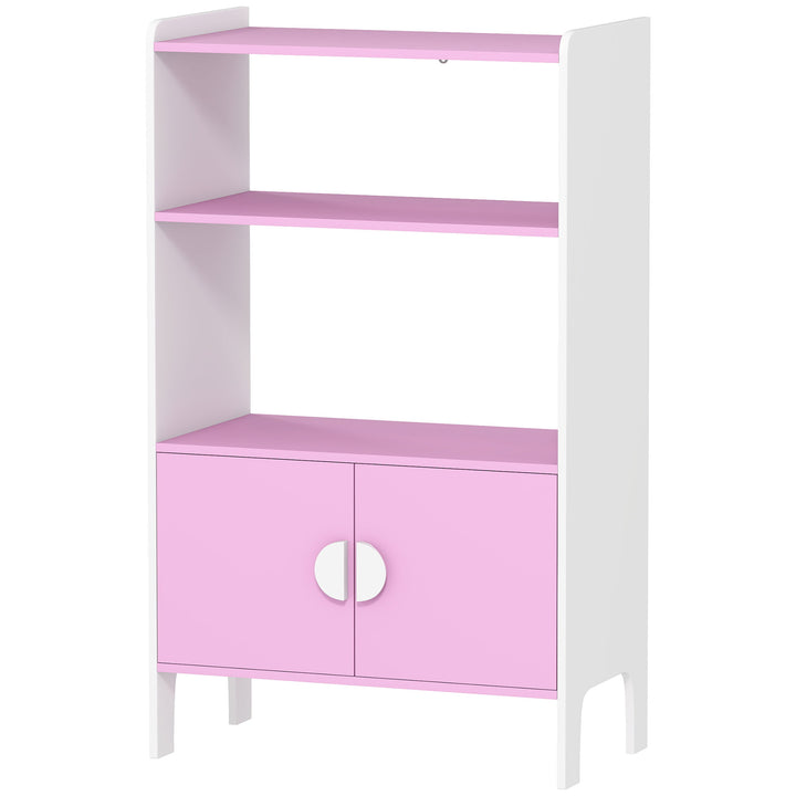 Børnebogreol, 2 hylder, 2 skabe, fritstående, anti-tip design, skridsikre ben, mdf, pink+hvid