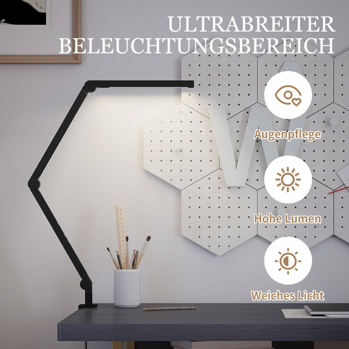 Skrivebordslampe, justerbar lysstyrke og farve, metalklemme, 96 LED'er, sort