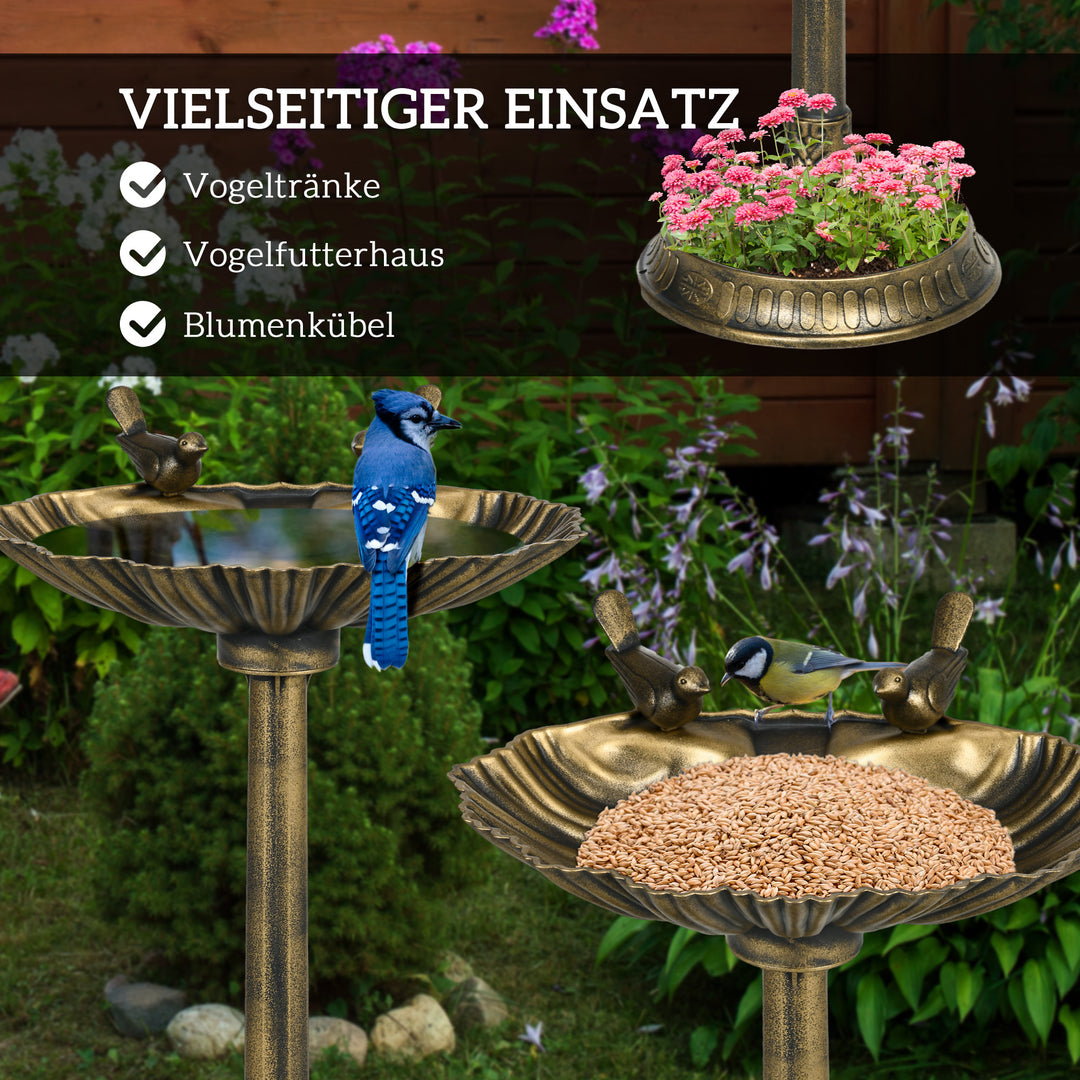 Fuglebad med statuer, 2 bassiner, plastik, antikt look, 49,5L x 38B x 81H cm, bronzefarvet