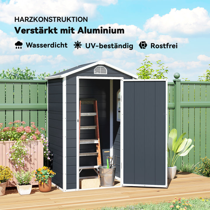 Plastik redskabsskur 1,9m² 134x104x204cm redskabsskur med gavltag, vejrbestandigt havehus, udendørs haveskur, skab til baghave, udendørsområde, mørkegrå