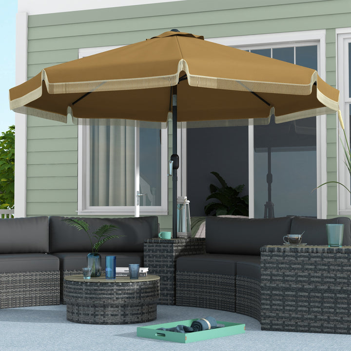 Parasol med frynset dekoration, Ø265 cm, vipbar, todelt metalstang, vindventil, khaki/sort