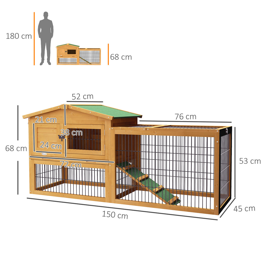 Kaninbur i 2 etager, vintersikkert to-etagers hus i grantræ med udendørs indhegning, rampe, 150x52x68 cm, gul