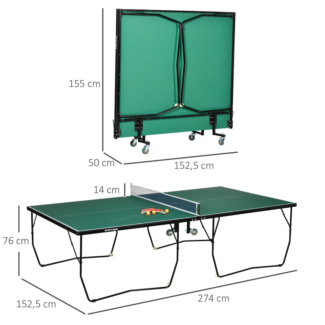 Bordtennisbord, foldbart, 8 hjul, inklusive bat og bolde, 274 cm x 152,5 cm x 76 cm, grøn
