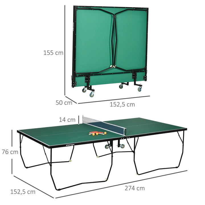 Bordtennisbord, foldbart, 8 hjul, inklusive bat og bolde, 274 cm x 152,5 cm x 76 cm, grøn