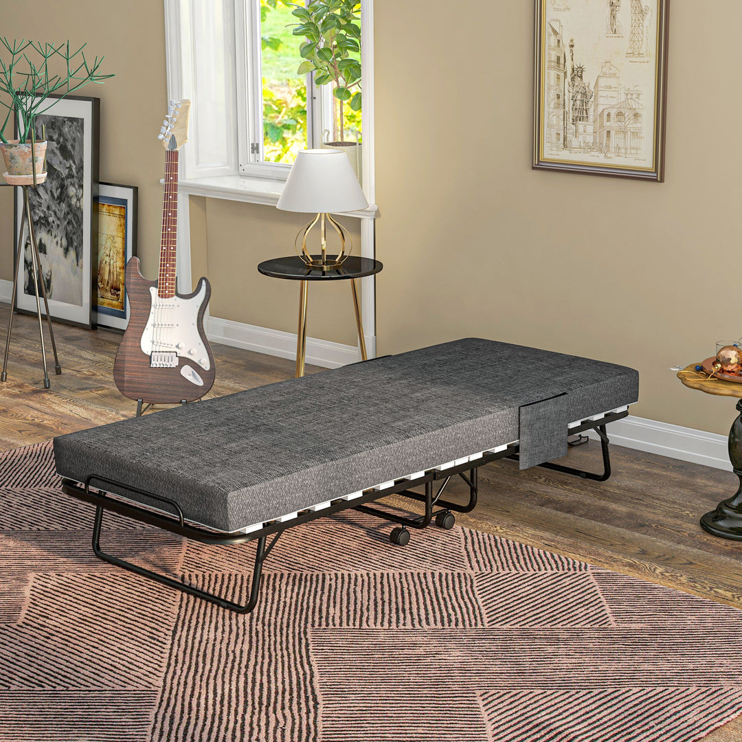 Klapseng med madras, 4 hjul, metalramme, op til 150 kg, 190 x 80 x 42 cm, mørkegrå