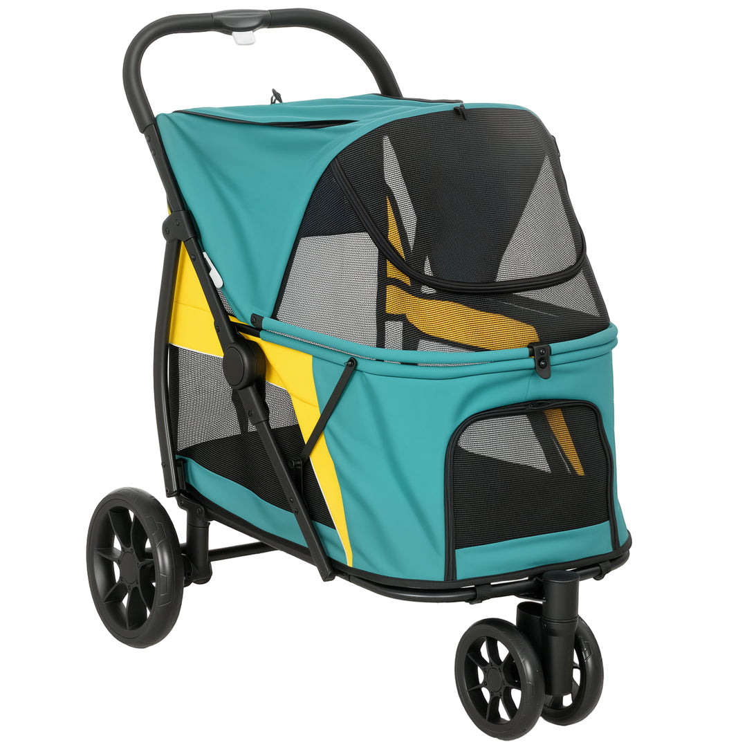 Sammenklappelig hundebåren/hundevogn til hunde op til 20 kg med hynde, netvinduer, baglomme, 92 x 63 x 95 cm, mørkegrøn
