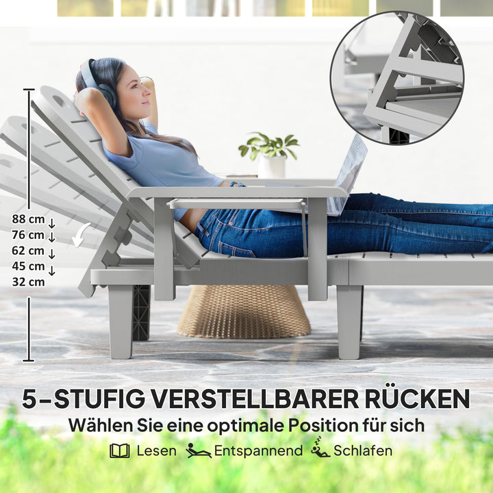 Solseng, havestol med sidebord, trælook, liggestol med 5-positions justerbar ryglæn, lysegrå