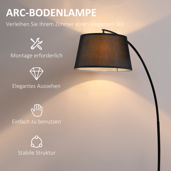 Gulvlampe, buet gulvlampe med stofskærm, gulvlampe med rund fod, metal, 105l x 47b x 190h cm, sort