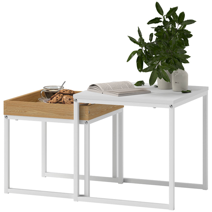 Moderne sofabord, sæt med 2 sofaborde, til små rum, firkantet, mdf, metal, hvid