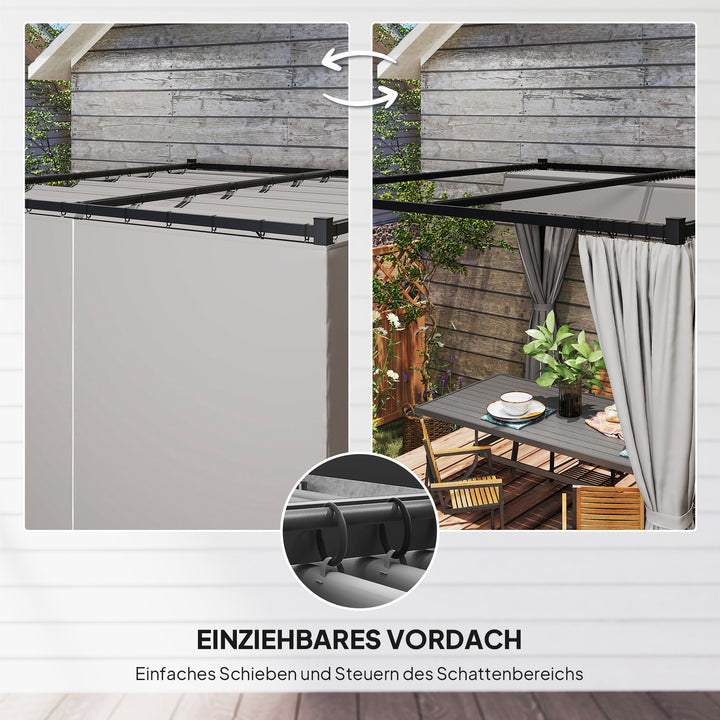 Pergola 3 x 3 m fritstående terrasseoverdækning med skydetag, 4 sidevægge UV-resistent lysegrå