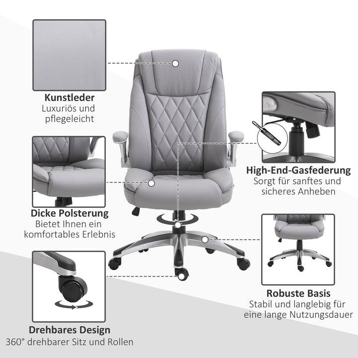 Kontorstol, ergonomisk drejestol, computerstol med vippefunktion, højdejusterbar med nakkestøtte og polstrede armlæn, kunstlæder, grå, 70 x 71 x 113–121 cm