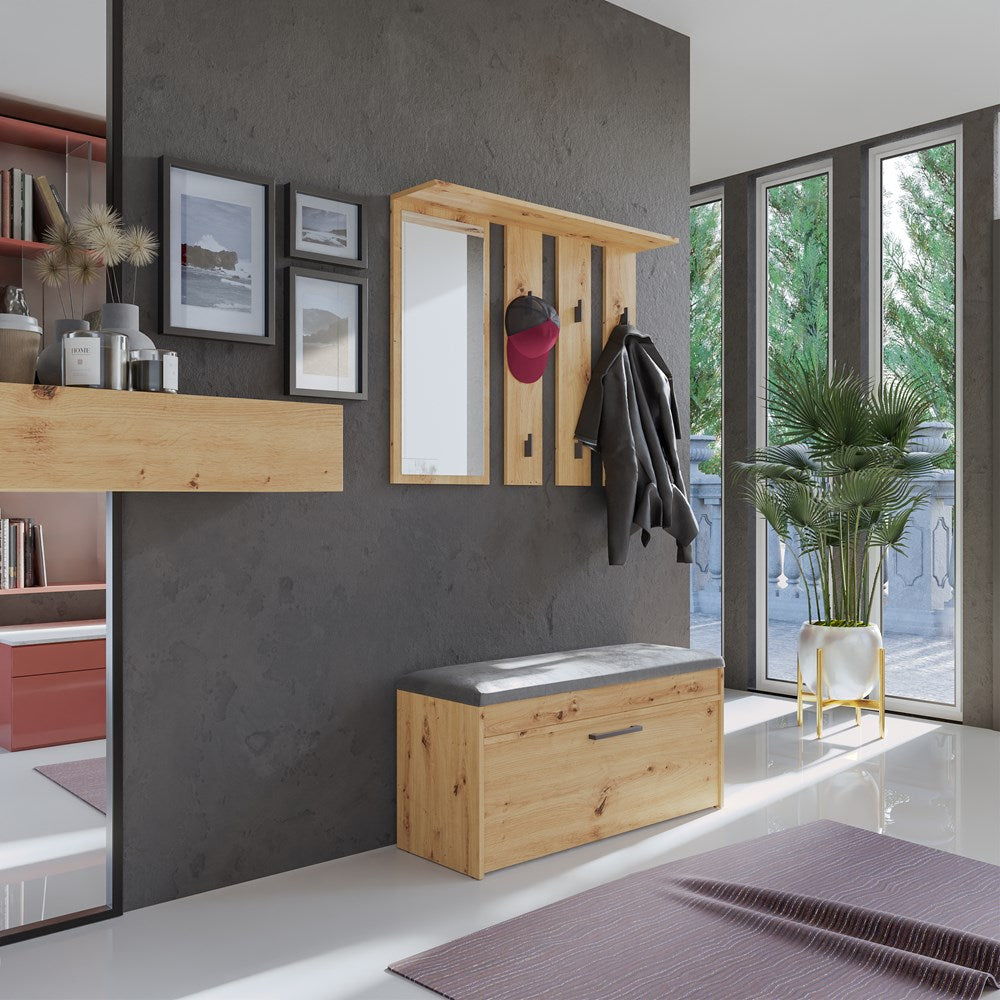 Knagerække med hylde og spejl, naturfarvet