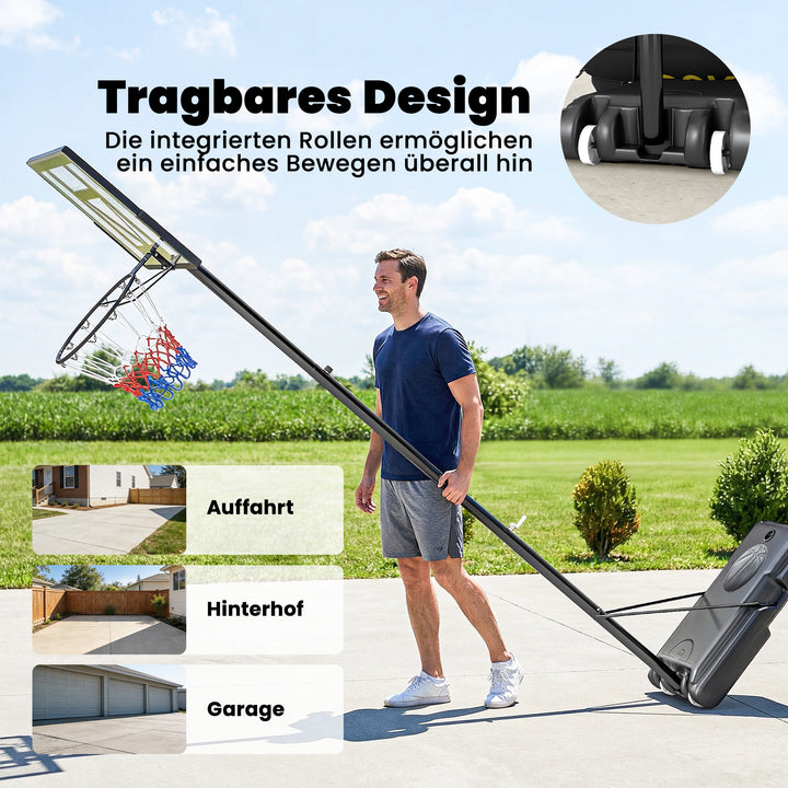 Udendørs basketballkurv 135-305 cm, hurtigt højdejusterbar, basketballstativ med 110x70 cm brudsikkert bagpanel, 2 hjul