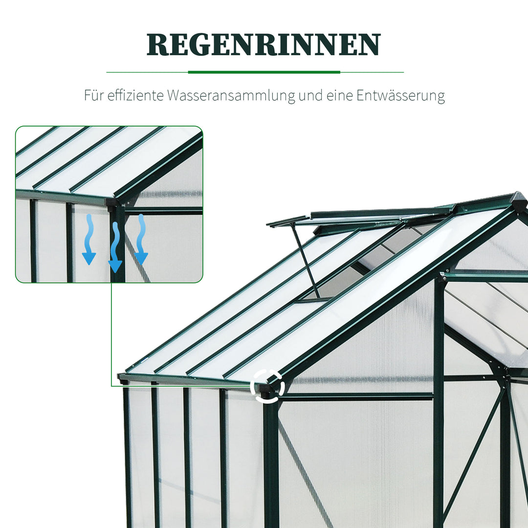 Drivhus, med tagvindue, skydedør, transparent, polycarbonat+aluminium, 190 x 252 x 201 cm