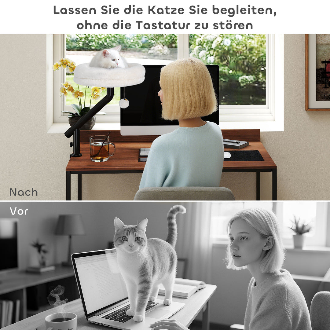 Katteseng til skrivebord, katteseng til skrivebord med 360° rotation, justerbar højde, katteseng med aftagelig, maskinvaskbar seng, til katte under 6 kg, hjemmekontor, cremehvid