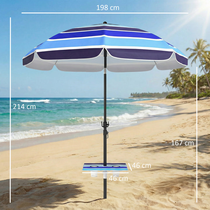 Strandparasol Ø198 cm UV30+ Strandparasol med foldbart bord, kopholder, justerbar hældning, flerfarvet
