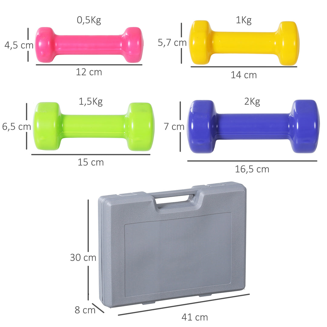 Håndvægtsæt 4 par håndvægte med kuffert 0,5 kg/1 kg/1,5 kg/2 kg jern+plastik rød gul grøn lilla