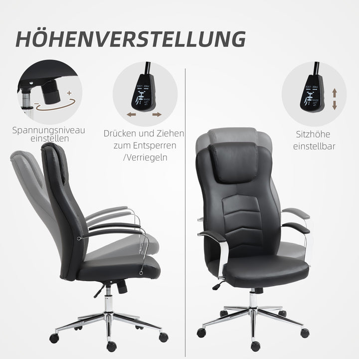 Kontorstol i læderlook, højdejusterbar, polstret ryglæn, sort