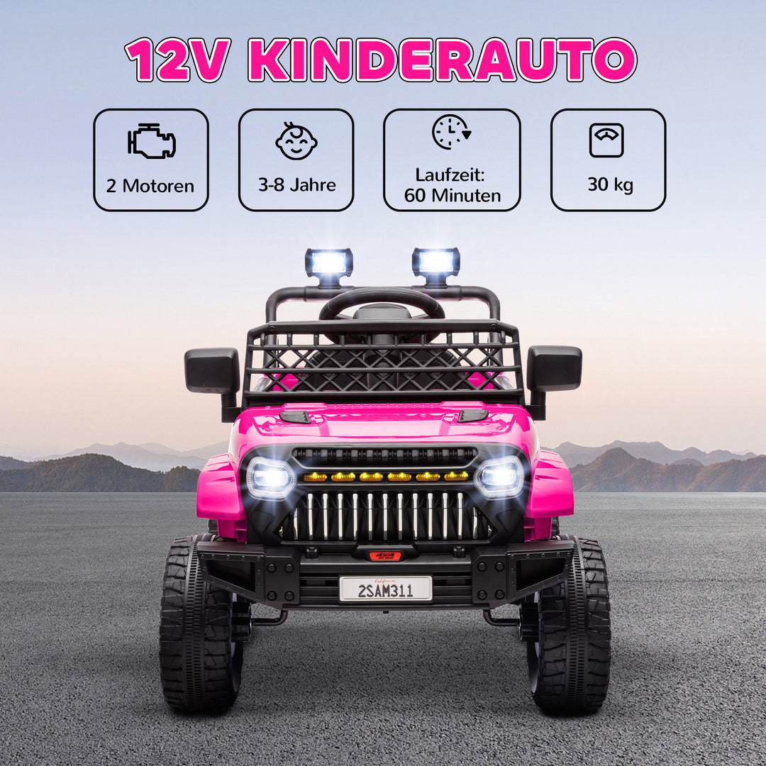 Børne elbil 12V med 2,4 GHz fjernbetjening, 2 motorer, horn, LED-lys, musik, til alderen 3-8, lyserød