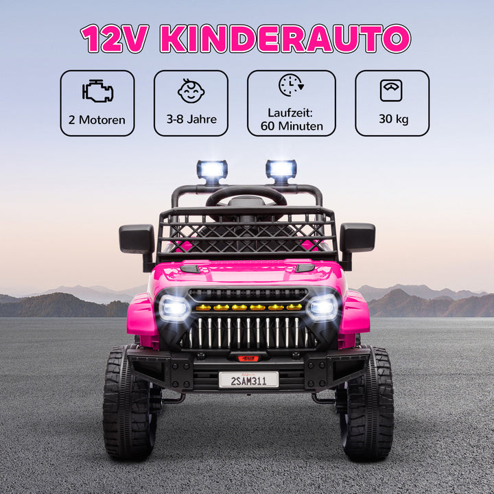 Børne elbil 12V med 2,4 GHz fjernbetjening, 2 motorer, horn, LED-lys, musik, til alderen 3-8, lyserød