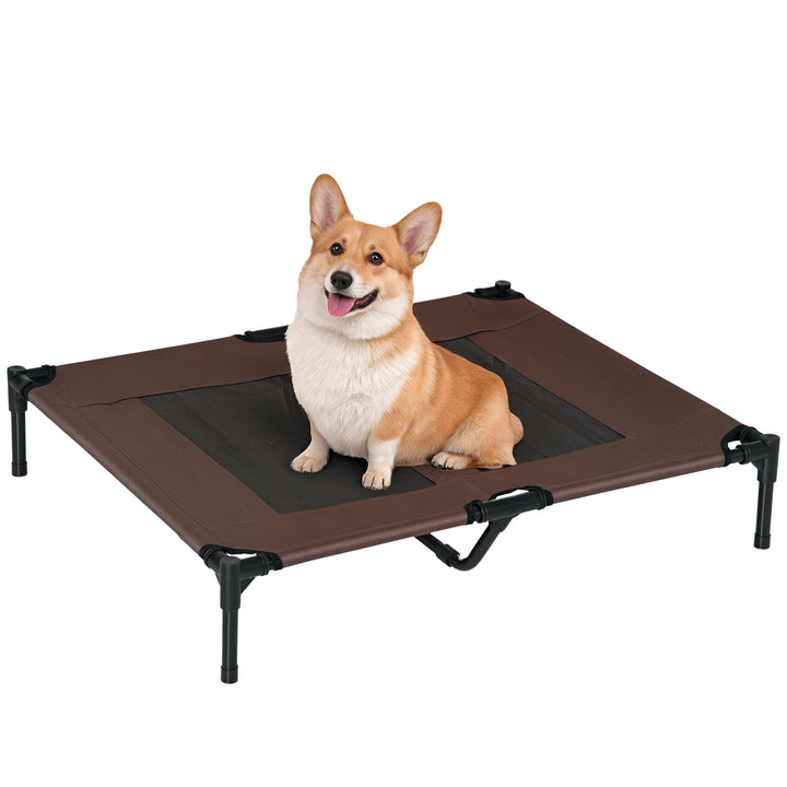 Udendørs hundeseng, kølende kæledyrsseng til store hunde, hævet hundeseng med robust metalramme, åndbart net til udendørs have, 92 x 76 x 18 cm, kaffebrun