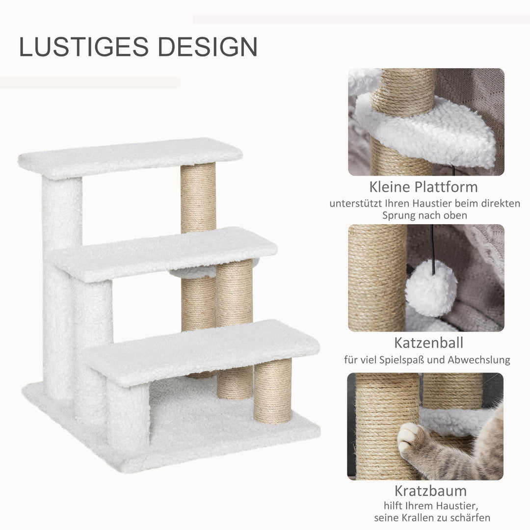 Kattetrappe 3-trins kæledyrstrappe med kradsetræer bold hundetrappe kæledyrstrappe til katte op til 5 kg plysjute hvid 45 x 40 x 48 cm