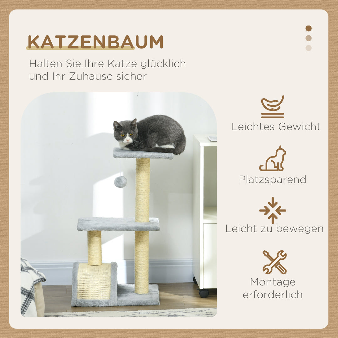 Kradsetræ 72 cm kattetårn med plysbolde, sisalstolper, platform, kradsebræt lysegrå
