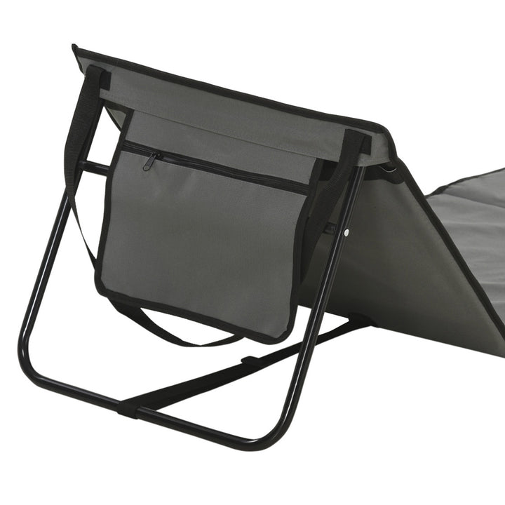 Sammenklappelig strandstol med justerbar ryglæn, sidelomme, blød polstring, stålramme, grå, 142x51x40cm