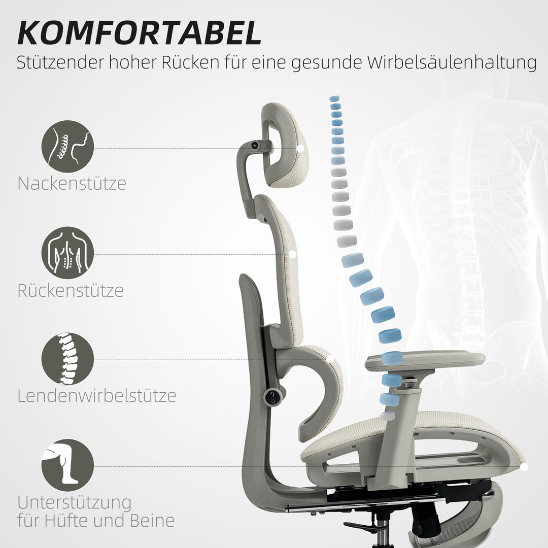 Kontorstol, ergonomisk skrivebordsstol med betræk af netstof, justerbar, hjul, med armlæn og nakkestøtte, beige