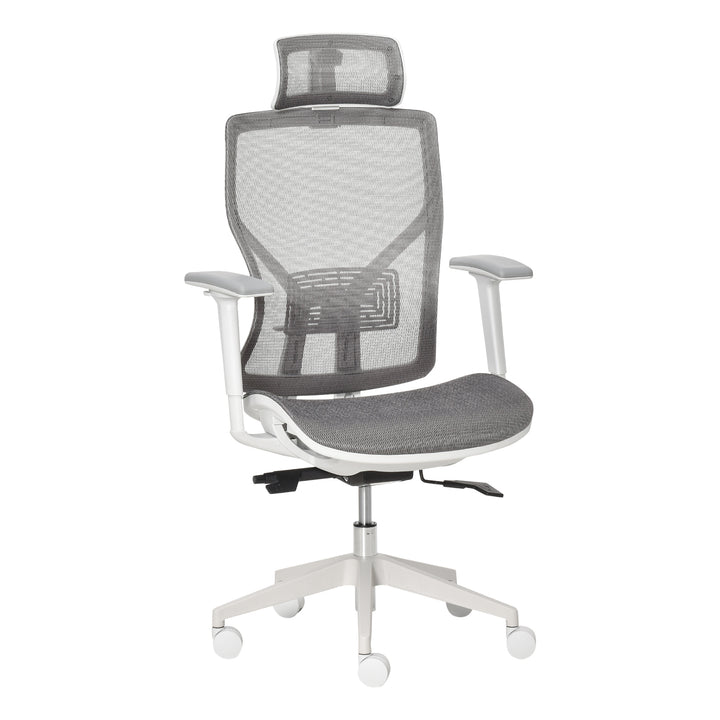 Kontorstol, skrivebordsstol, drejestol, gamingstol med nakkestøtte, lændehynde, 3d-armlæn, 3 niveauer, 360° drejelige hjul, højdejusterbar, ergonomisk, netstof, skum, grå, 67 x 65 x 120-128 cm