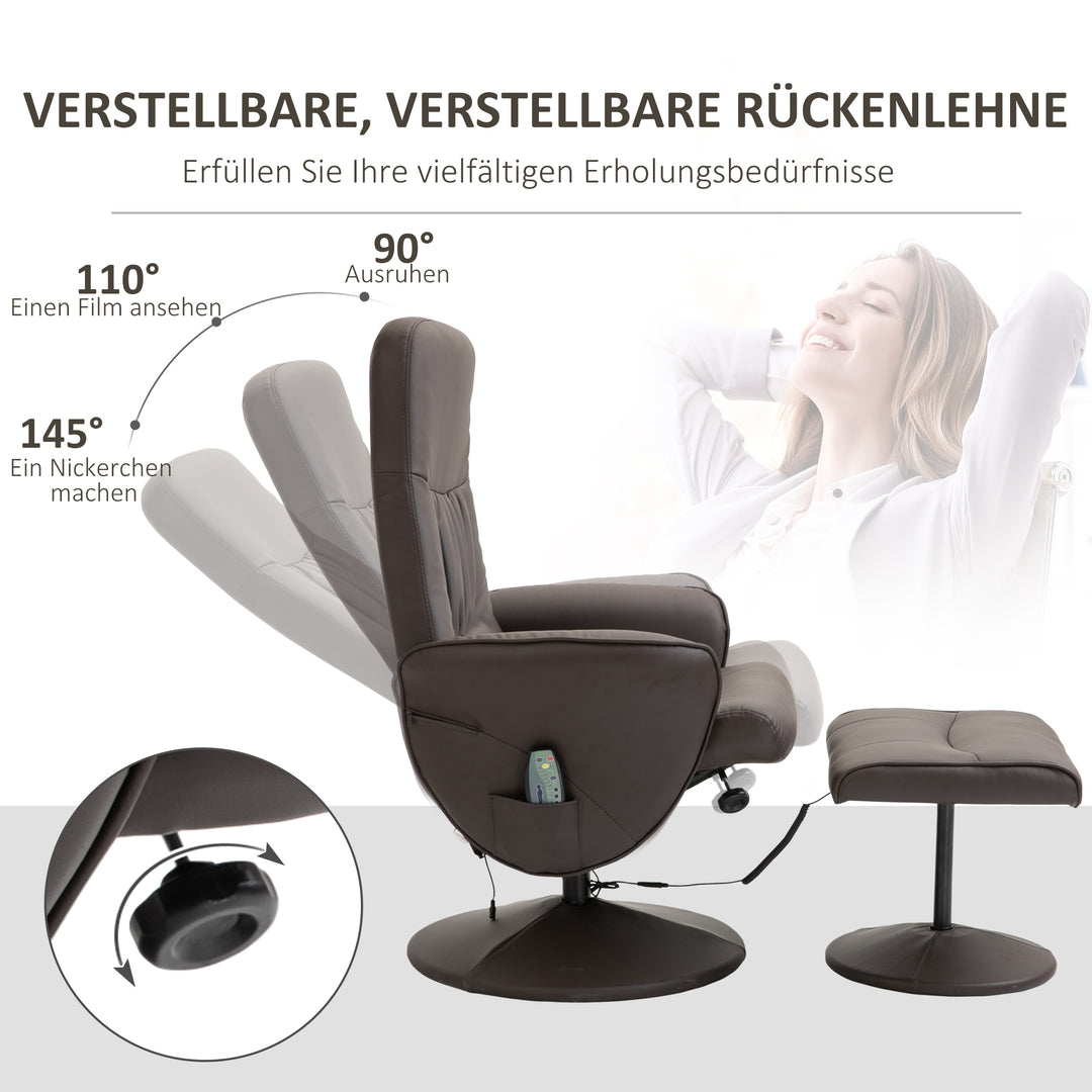 Lænestol med fodskammel, drejelig tv-stol med 10 massagepunkter, lænefunktion, massagestol med fjernbetjening, sidelomme, tv-stol, kunstlæder, brun