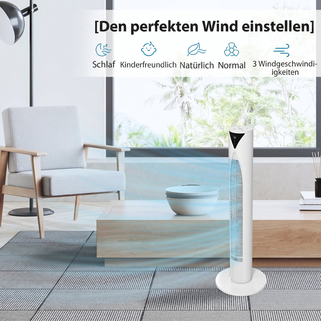 70° oscillerende tårnventilator med fjernbetjening, 4 tilstande, 3 hastigheder, timer, 31,5 x 31,5 x 96 cm, hvid