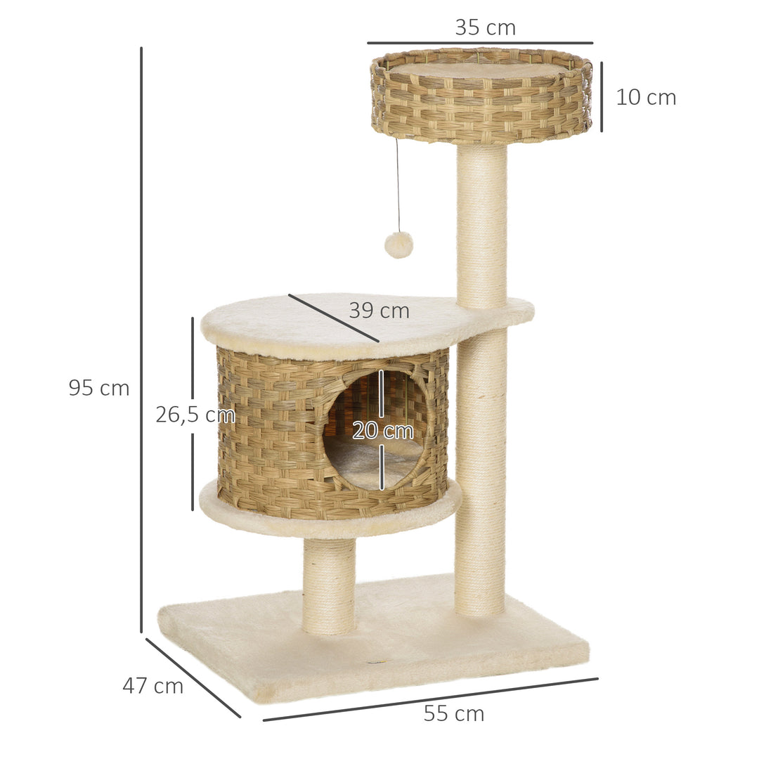 Kradsetræ rattan 95 cm højde 3-lags kradsetræ med platform, katteseng, klatretræ med kattehule sisalstolper legebolde kattemøbler sisal naturlig+beige