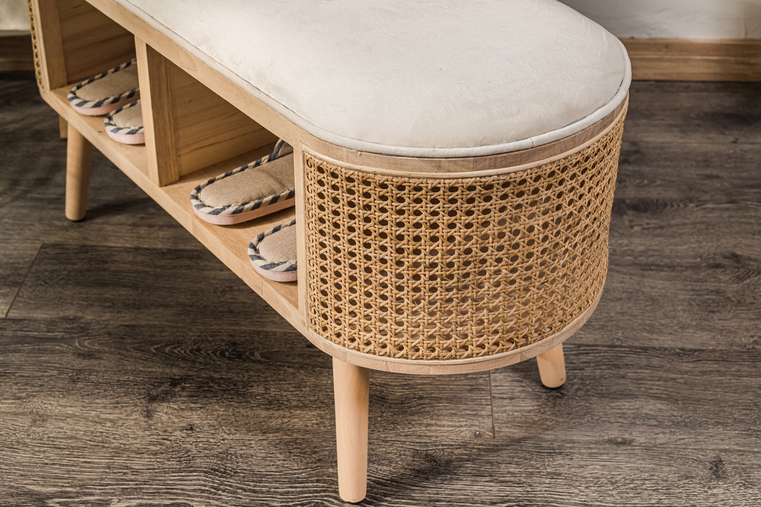 ISUMI Opbevaringsbænk i beige fløjl og rattan