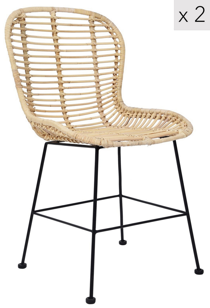 BORONG Sæt med 2 spisebordsstole i metal og naturlig rattan