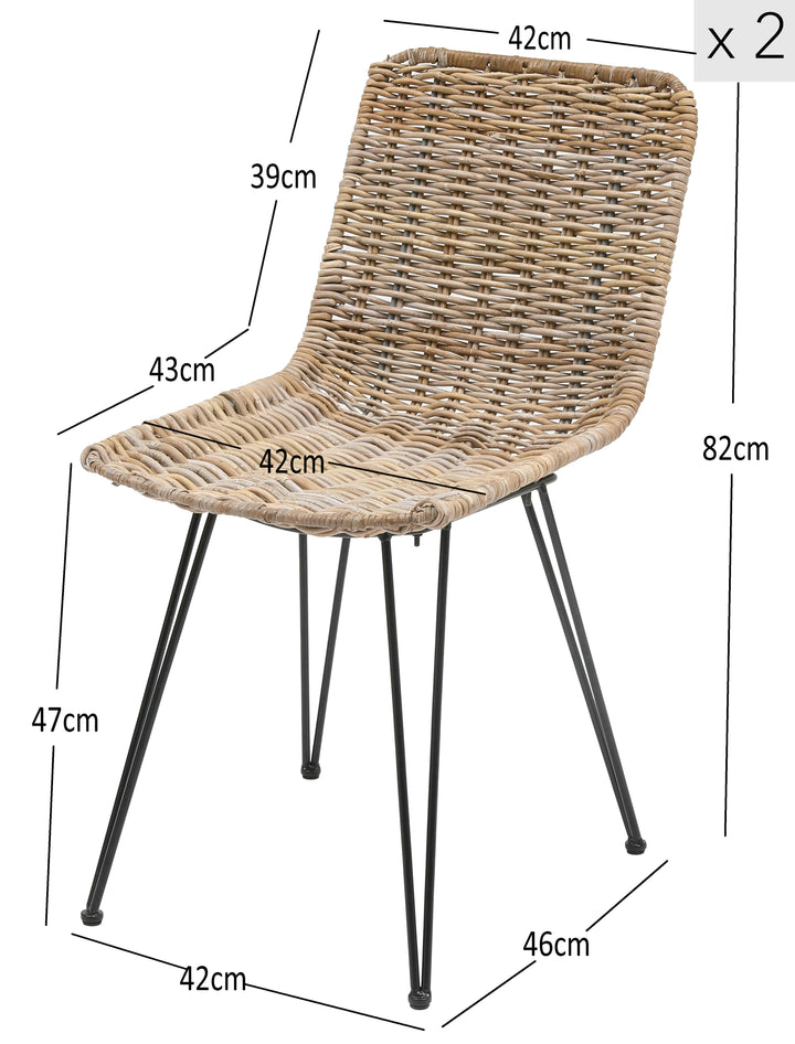 LUMPUR Sæt med 2 spisebordsstole i metal og naturlig rattan