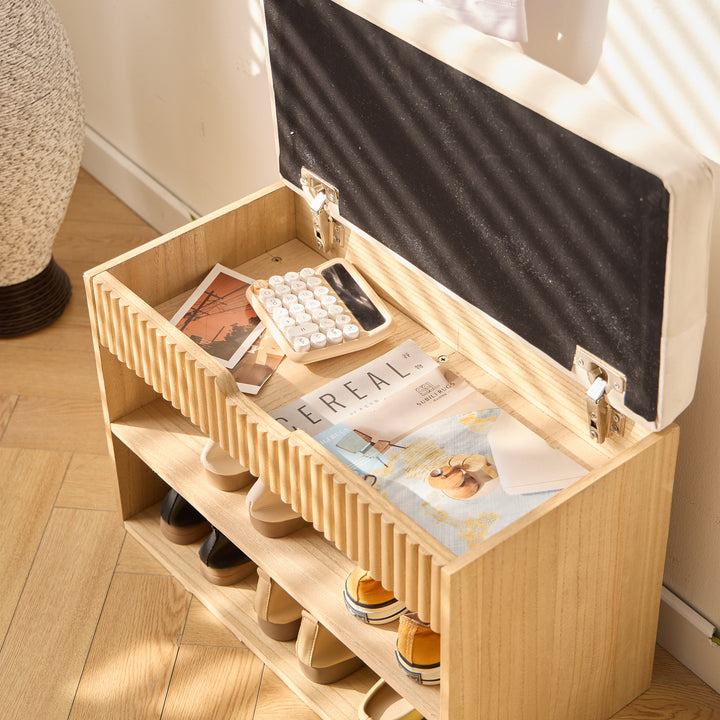 KUBO Skoskab til entré med 2 hylder og 1 kommode i træ og beige stof i naturligt beige træ og fløjl