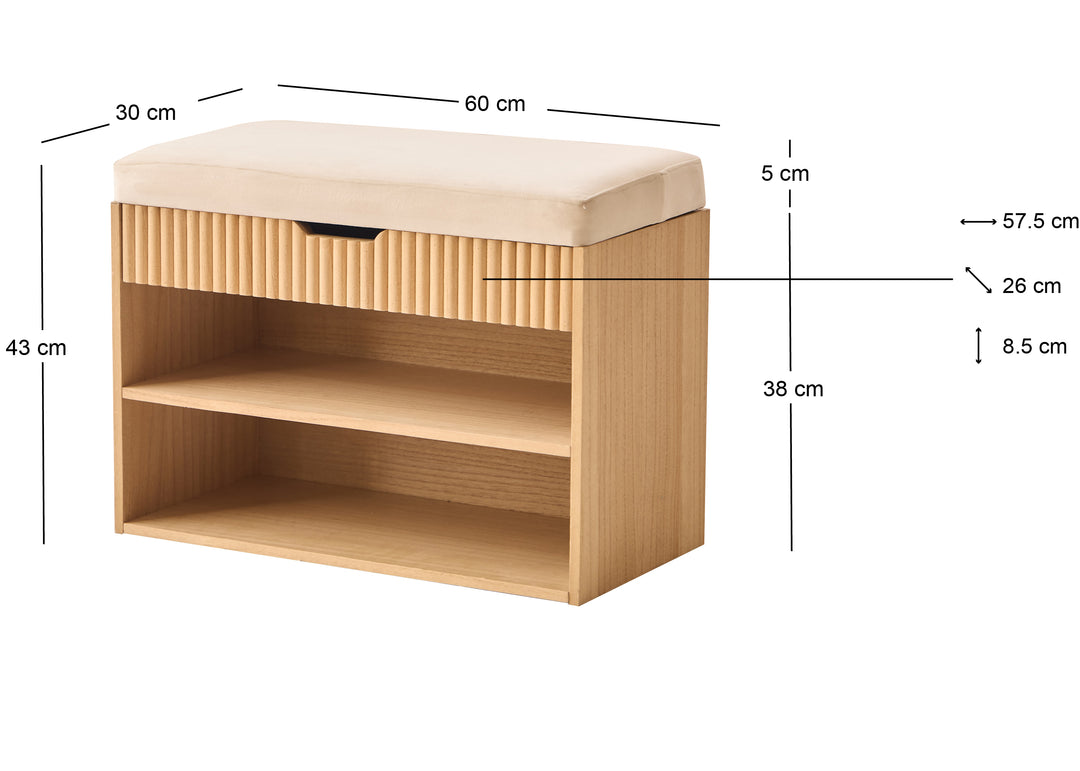 KUBO Skoskab til entré med 2 hylder og 1 kommode i træ og beige stof i naturligt beige træ og fløjl