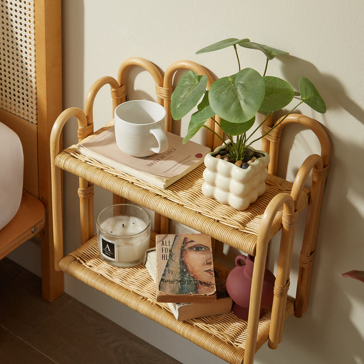 BELEM vægmonteret opbevaringshylde i naturlig rattan i brunt rattan i 2 niveauer.