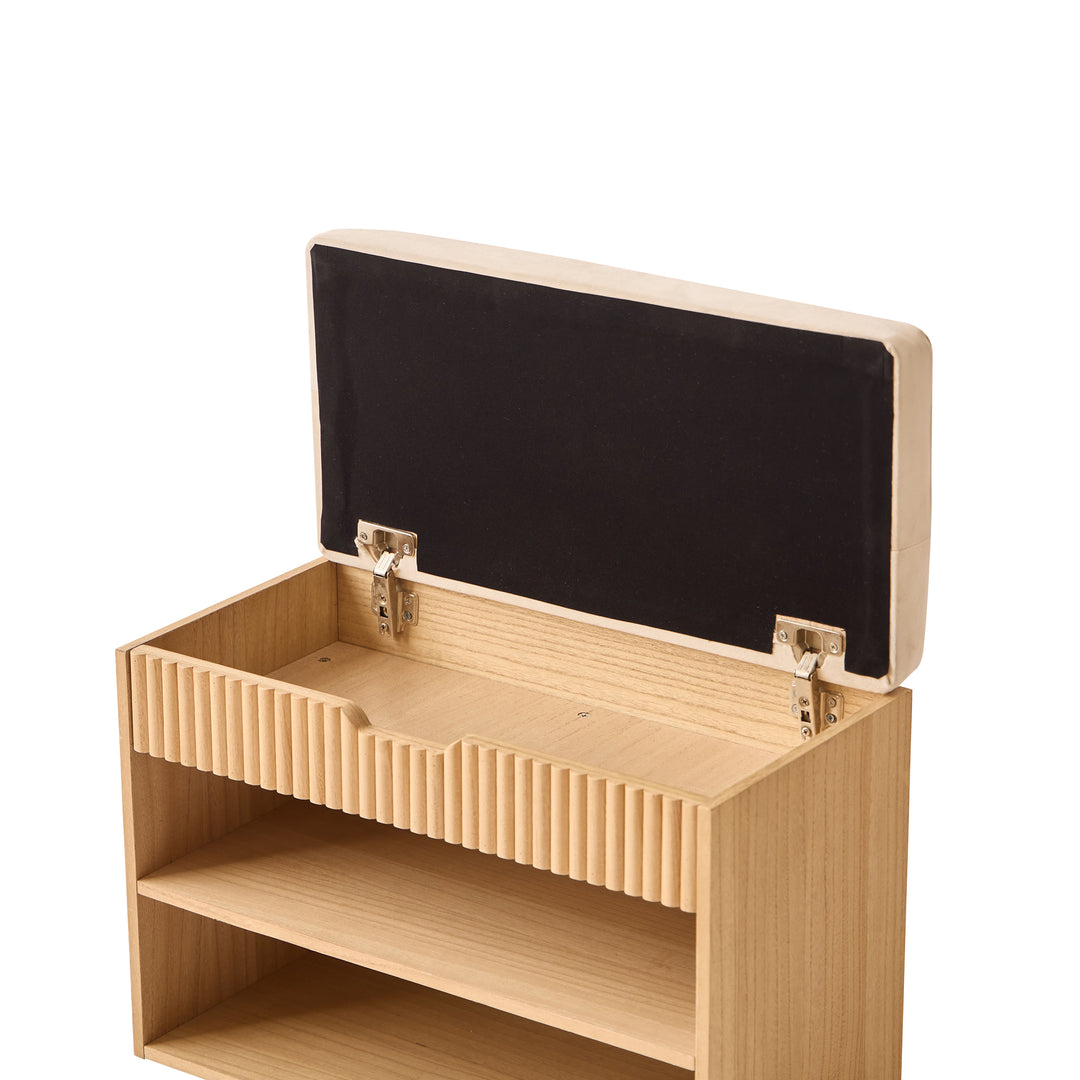 KUBO Skoskab til entré med 2 hylder og 1 kommode i træ og beige stof i naturligt beige træ og fløjl